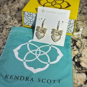 Kendra Scott Gold Heart Dangle Earrings with Iridescent White Stones